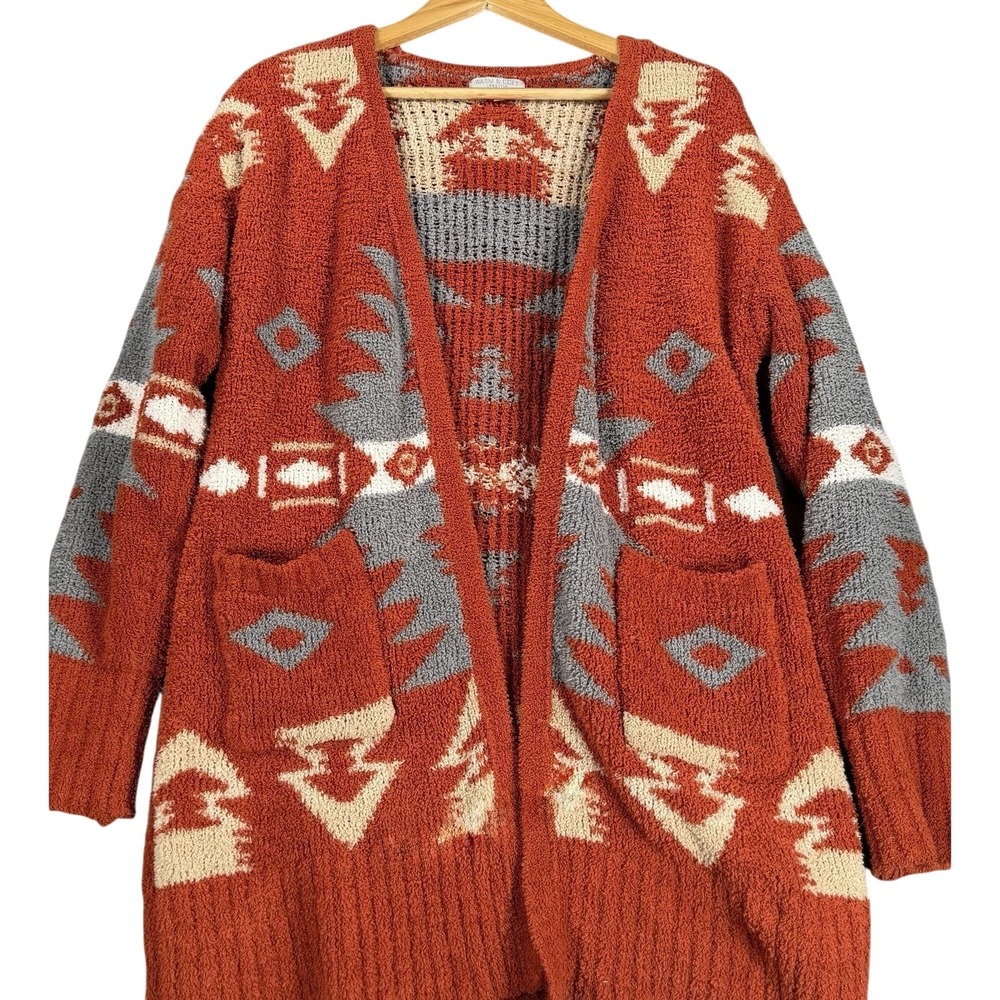 Aztec Boho Cardigan Womens‎ Medium Open Front Rust Southwest Knit Sweater